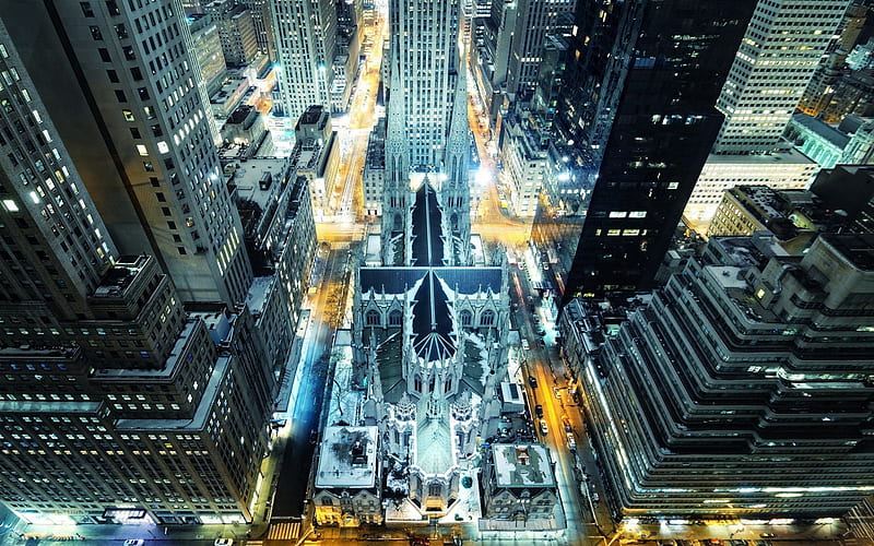 St Patricks Cathedral, cathedral, new york, night lights, religious, manhattan, lights, HD wallpaper