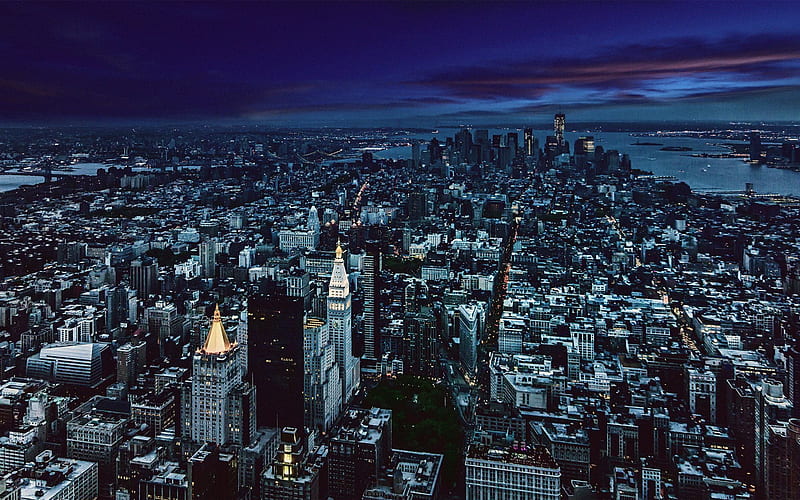 New York, nightscape, skyscrapers, America, USA, HD wallpaper