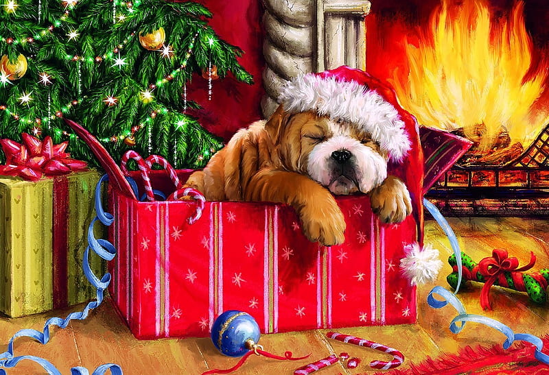 Christmas Snooze, ornaments, fireplace, fire, tree, painting, parcel, chimney, dog, HD wallpaper