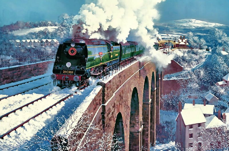 Exeterat Tavistock , railroad, art, locomotive, bonito, illustration, artwork, winter, train, snow, engine, painting, wide screen, tracks, HD wallpaper