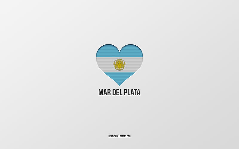 I Love Mar del Plata, Argentina cities, gray background, Argentina flag heart, Mar del Plata, favorite cities, Love Mar del Plata, Argentina, HD wallpaper