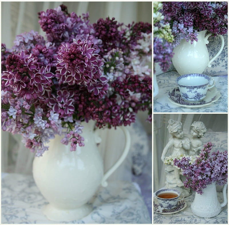tea time with lilacs, tea time, flowers, collage, lilacs, HD wallpaper