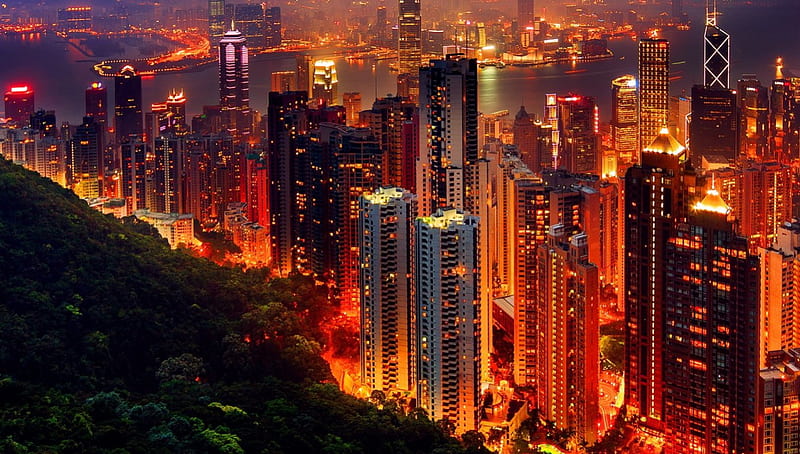 Hong Kong Night Cityscape, architecture, cityscape, hong kong, skyscrapers, HD wallpaper