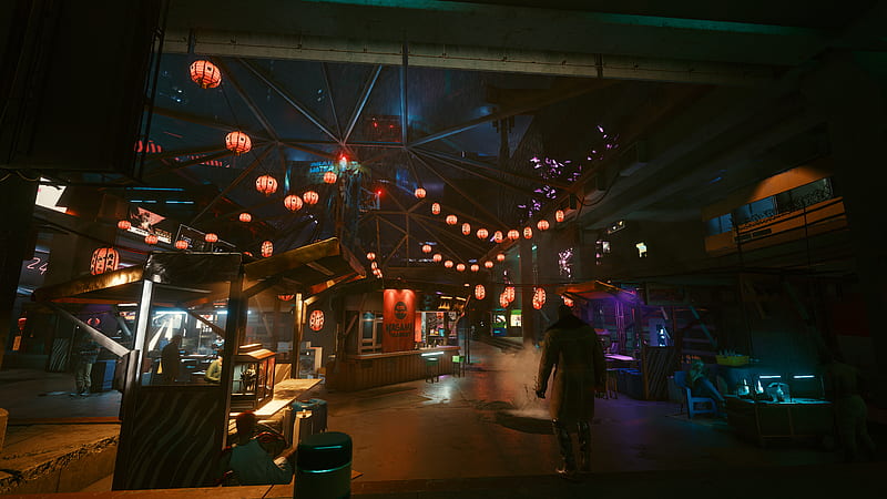 Night city, cyberpunk 2077, asian lanterns, market, people, neon lights ...