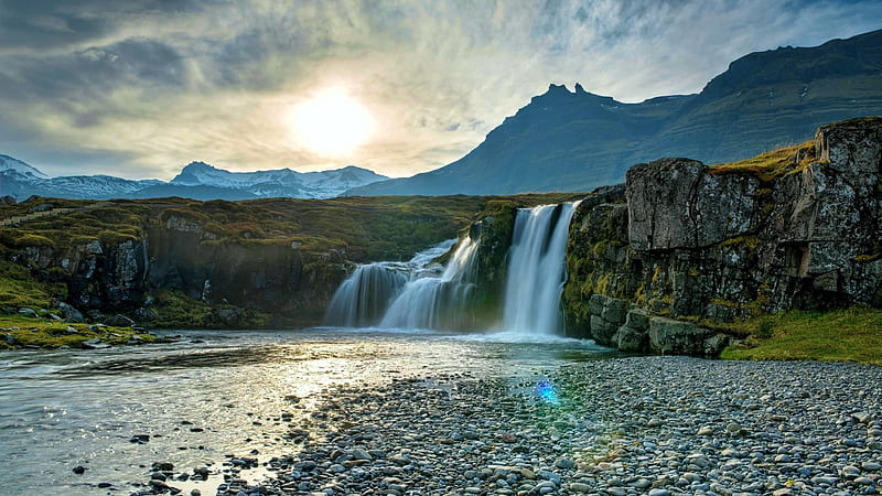 Kirkjufell, Iceland, sky, mountains, cascades, sun, sunrise, river, HD wallpaper