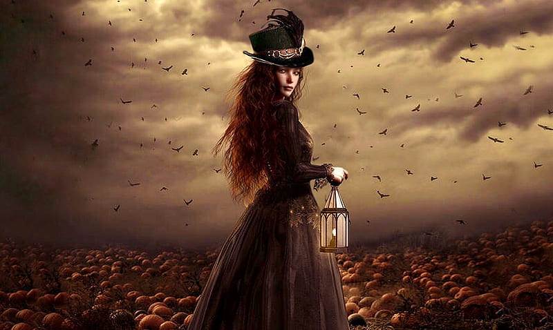 Gothic Lady With a Lantern, Lady, autumn, brown, halloween, Pumpkins, eerie, Fantasy, Gothic, HD wallpaper