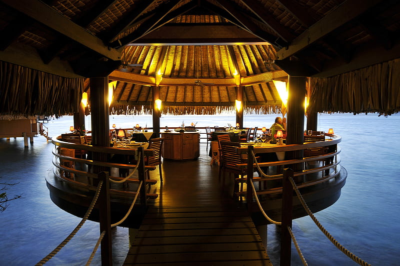 Restaurant in Tahiti, polynesia, lit, dusk, sunset, eat, sea, lights, beach, lagoon, bora bora, dining, evening, exotic, islands, romantic, food, ocean, paradise, restaurant, dine, island, tahiti, tropical, HD wallpaper
