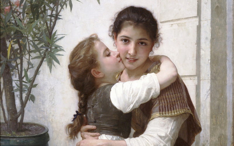 A Little Coaxing by Bouguereau, sensual, pretty, wonderful, paris, painted, adorable, women, nice, colored, love, beauty, face, lovely, hug, cool, france, awesome, kisses, great, dreamy, bonito, woman, elegant, kiss, bouguereau, painting, color, girls, light, amazing, female, romantic, realism, beautiful eyes, girl, painter, females, HD wallpaper