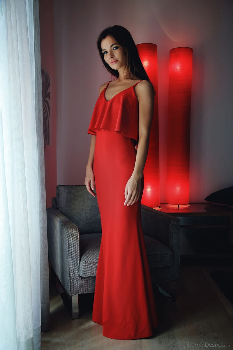model, women, red dress, bare shoulders, Eternal Desire Magazine, Brit (MetArt), HD phone wallpaper