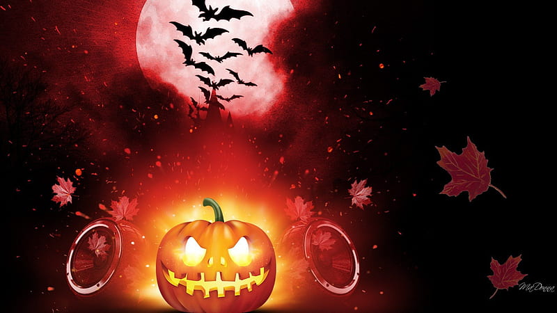 Halloween Moon Bats, fall, autumn, bats, sky, leaves, spooky, full moon, scary, Halloween, jack-o-lanterns, pumpkins, HD wallpaper