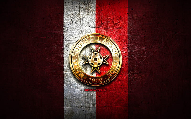 Malta National Football Team, golden logo, Europe, UEFA, red metal background, Maltese football team, soccer, MFA logo, football, Malta, HD wallpaper
