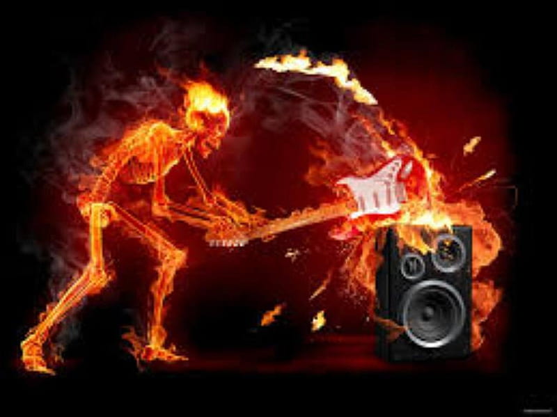 Rock Guitarist...'God of Hellfire', Skeleton, fire, fantasy, gothic, guitar, music, devil, HD wallpaper