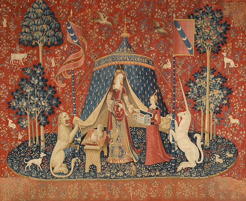The lady and the unicorn, girl, unicorn, tent, lady, lion, maiden, art, red, meister der pokalypsenrose der sainte chapelle, blue, HD wallpaper