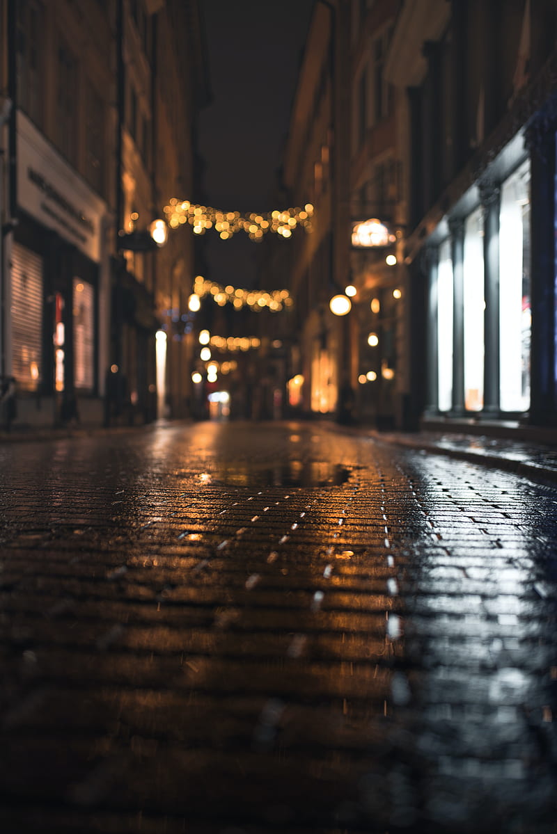 street, paving stones, puddle, wet, night, HD phone wallpaper