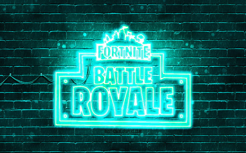 Fortnite Battle Royale turquoise logo turquoise brickwall, Fortnite Battle Royale logo, online games, Fortnite Battle Royale neon logo, Fortnite Battle Royale, HD wallpaper