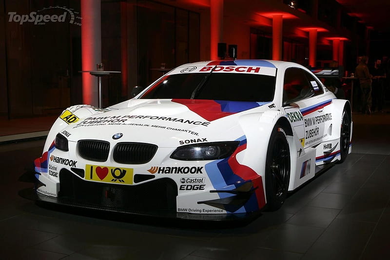 dtm bmw race car, red and blue stripe, front engine, black alloys, two seater, white, HD wallpaper