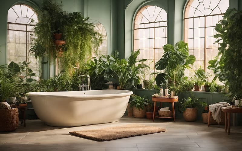 Bathroom, plants, windows, interior, bathhouse, AI art, HD wallpaper