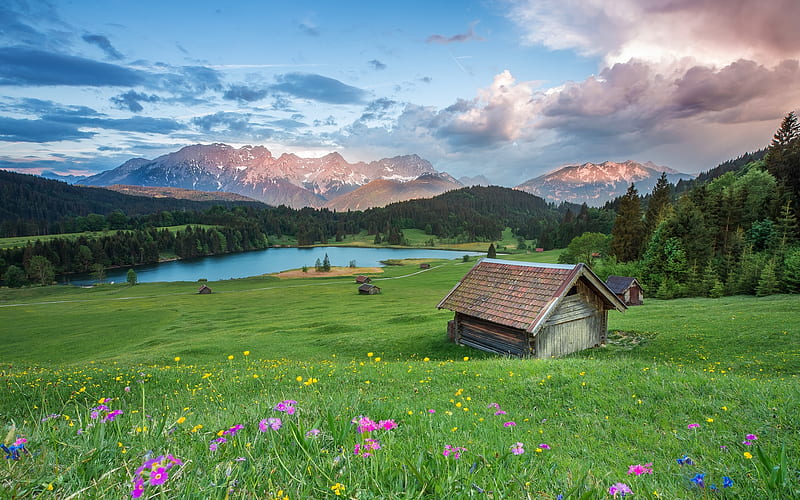Spring in Alps, Grass, Lake, Spring, Field, House, Alps, Sky, Summer, Mountains, Clouds, Flowers, HD wallpaper