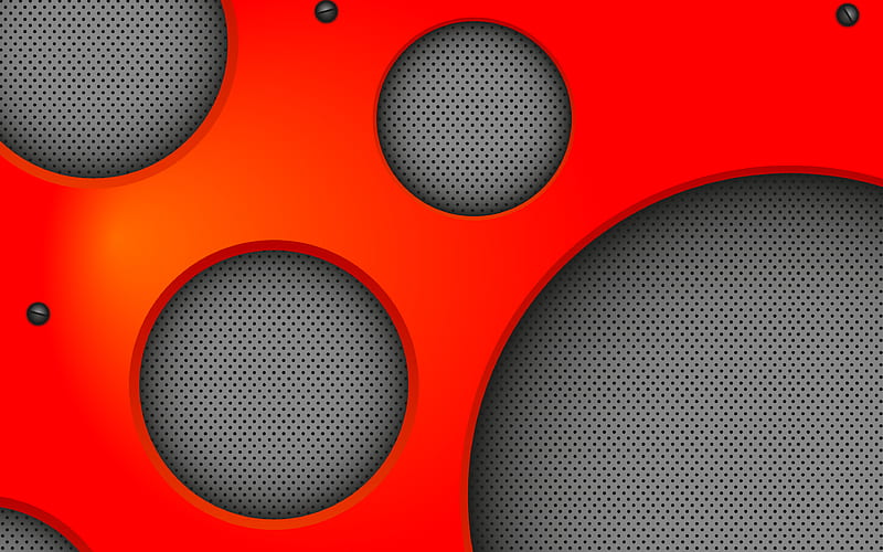 circles, 3D art metal grid, creative, red and black background, artwork, HD wallpaper