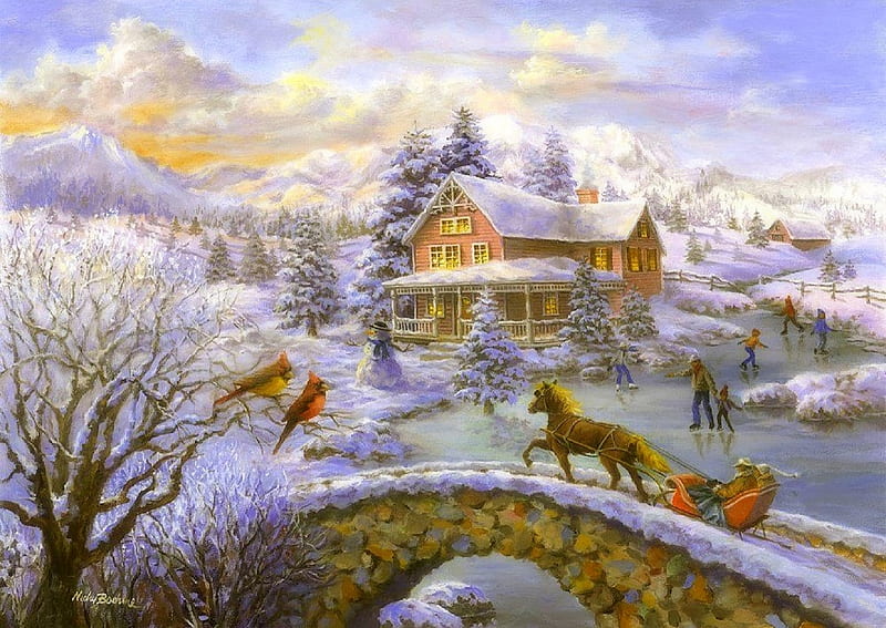 Winter Joys, villages, Christmas, holidays, ice rink, Christmas Tree, bridges, horse sleigh, love four seasons, attractions in dreams, xmas and new year, winter, paintings, snow, people, HD wallpaper
