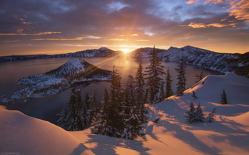 volcanic lake, sunset, winter, snow, lake, USA, HD wallpaper