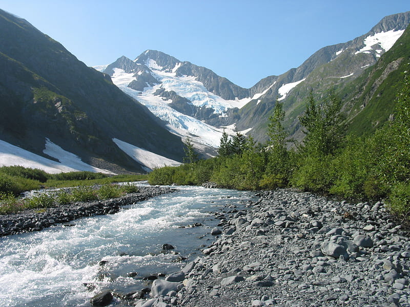 Alaska Glacier run off, river, trail to glacier, alaska, mountains, HD wallpaper