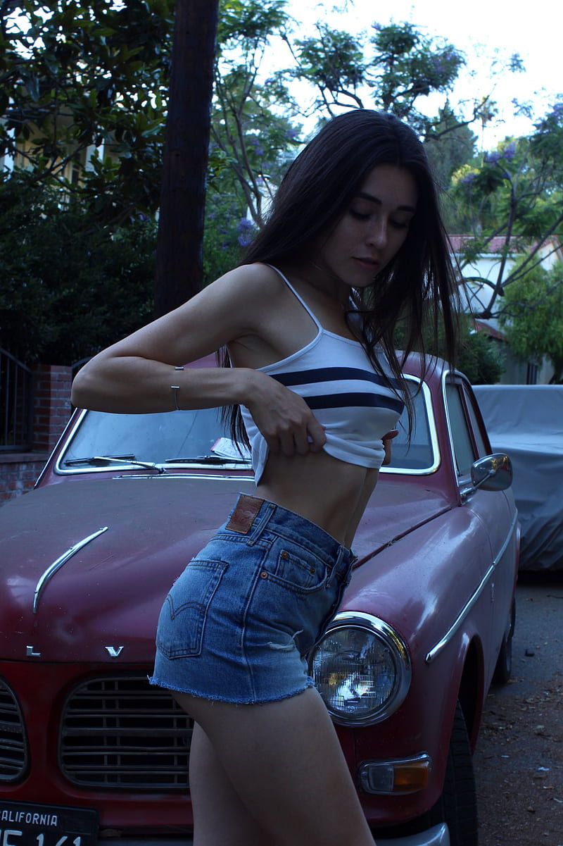 Audrey Bradford, model, jean shorts, Volvo, white tops, high waisted short, side view, HD phone wallpaper