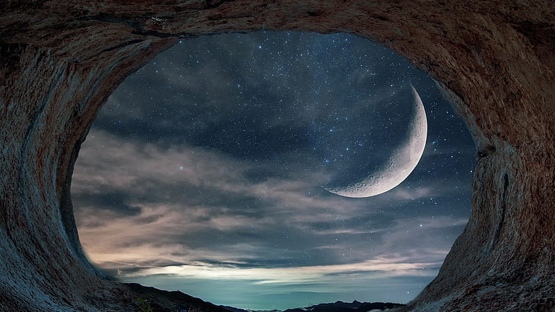 See Through, cave, Firefox theme, moon, rock, formation, sky, clouds, HD wallpaper
