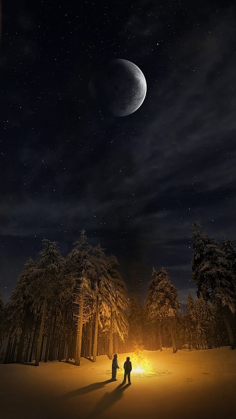 Beauty nature, beauty of nature, fire, forest, moon, night, stars, HD phone wallpaper
