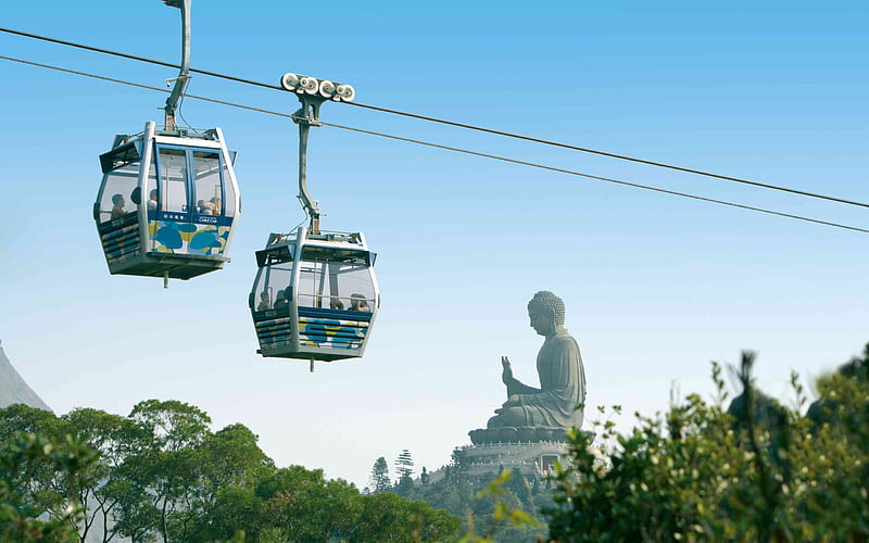 Ngong Ping cable car, hong kong, suspended, cable car, statue, HD wallpaper