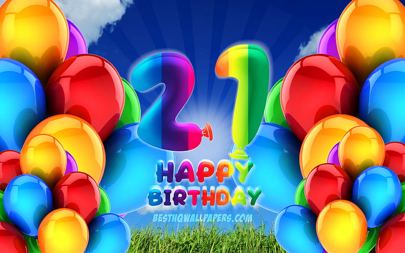 Happy 21 Years Birtay, cloudy sky background, Birtay Party, colorful ballons, Happy 21th birtay, artwork, 21th Birtay, Birtay concept, 21th Birtay Party, HD wallpaper