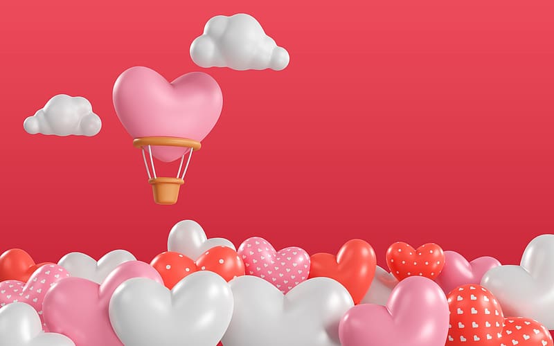 Happy Valentine's Day!, valentine, pink, white, red, card, balloon, heart, cloud, day, HD wallpaper