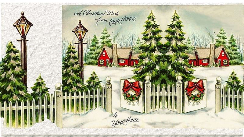 Vintage Christmas, Lamppost, Wreaths, Christmas, Home for Christmas, Christmas Trees, Snow, Winter, HD wallpaper