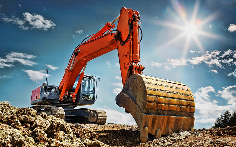 Hitachi ZAXIS 450, excavator, R, quarry, construction equipment, orange excavator, Hitachi, HD wallpaper