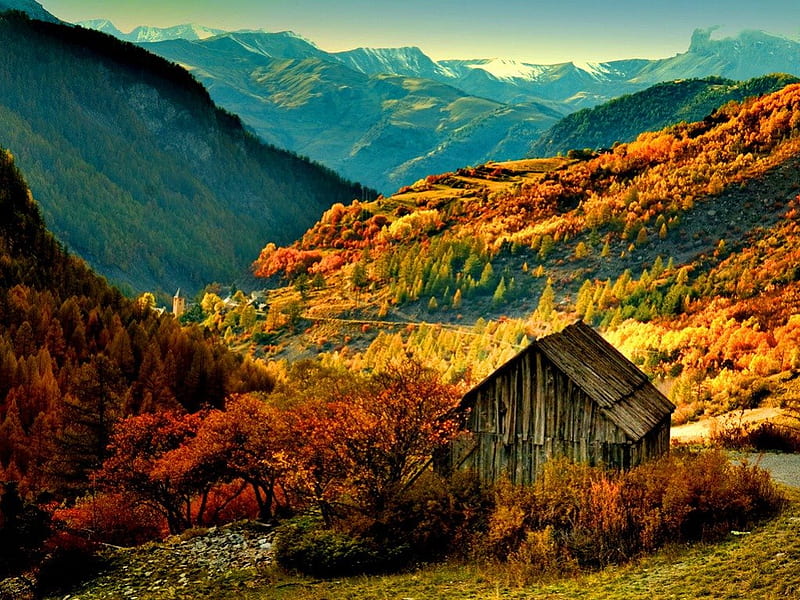 House in autumn mountain, fall, autumn, hut, house, cottage, bonito, foliage, valley, mountain, leaves, nice, season, road, hills, lovely, view, colors, trees, slope, nature, wooden, HD wallpaper