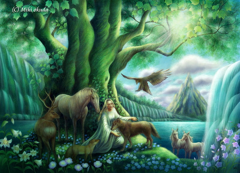 Light of Eden, luminos, mikioku, horse, animal, tree, fantasy, girl, green,  bird, HD wallpaper | Peakpx