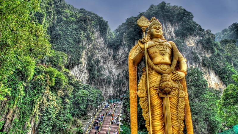 wondrous golden hindu statue in gombak malaysia r, statue, mountains, golden, r, caves, steps, HD wallpaper