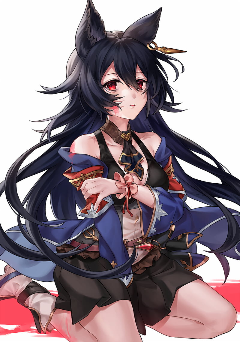 anime girls, anime, red bikini, vertical, art gallery, curvy, cat ears, Granblue Fantasy, nier (granblue fantasy), neko ears, red eyes, black skirts, black hair, animal ears, long hair, dark hair, kneeling, bare shoulders, looking at viewer, skirt, wavy hair, thick eyelashes, open mouth, knees, low neckline, bangs, thin eyebrows, white background, HD phone wallpaper