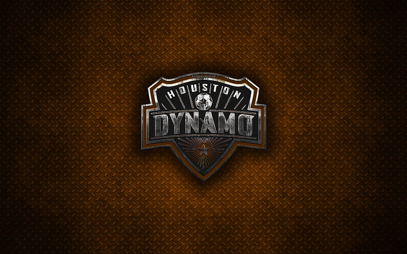Houston Dynamo metal logo, creative art, American soccer club, MLS, emblem, orange metal background, Houston, Texas, USA, football, Western Conference, Major League Soccer, HD wallpaper