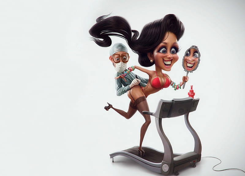 Another one, doctor, caricature, woman, tiago hoisel, estetician, girl, funny, mirror, humour, HD wallpaper