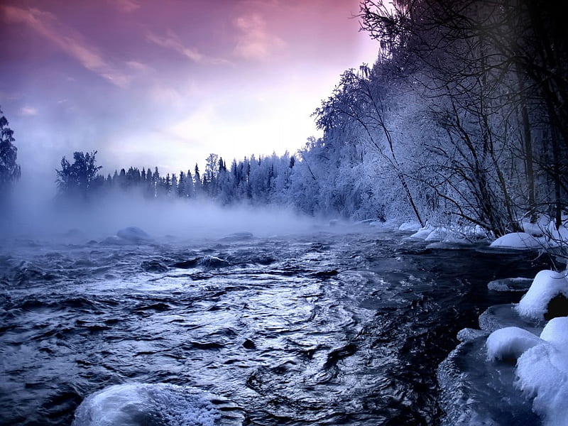 Winter River, foggy, bonito, seasons, fog, graphy, nice, stones, sunsets, river, pink, rivers, blue, amazing, sunrises, lakes, rapids, sky, trees, winter, water, purple, snow, ice, awesome, nature, reflections, frozen, landscape, HD wallpaper