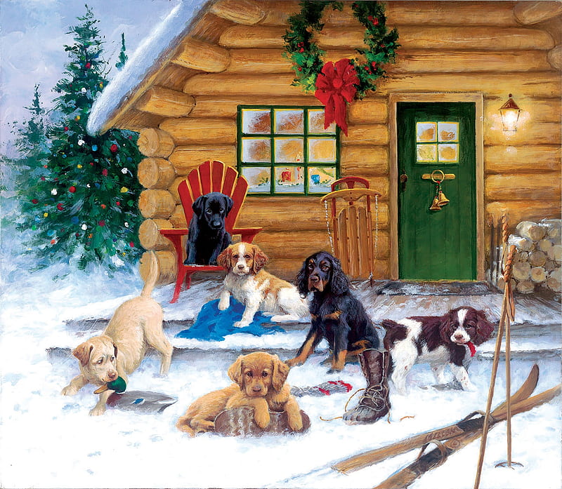 Christmas at the cabin, art, jim killen, painting, cabin, pictura, dog, winter, iarna, caine, HD wallpaper