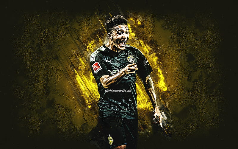 Jadon Sancho, Borussia Dortmund, English football player, portrait, BVB black uniform, yellow stone background, Bundesliga, BVB, Germany, football, HD wallpaper
