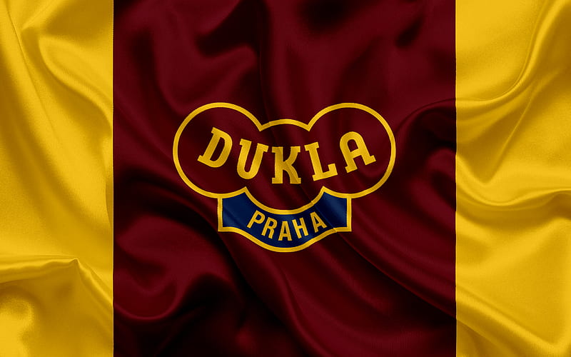 Dukla Praha, Football club, Prague, Czech Republic, Dukla emblem, logo, red yellow silk flag, Czech football championship, HD wallpaper