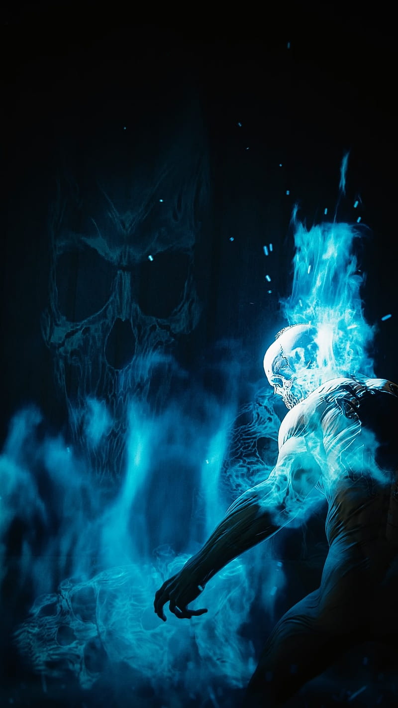Skullfire, blue, blue, calavera, craneo, esqueleto, flame, fire, ps4, skull, spider, HD mobile wallpaper