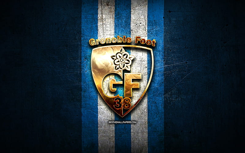 Grenoble Foot 38 FC, golden logo, Ligue 2, blue metal background, football, Grenoble Foot 38, french football club, Grenoble Foot 38 logo, soccer, France, GF38, HD wallpaper