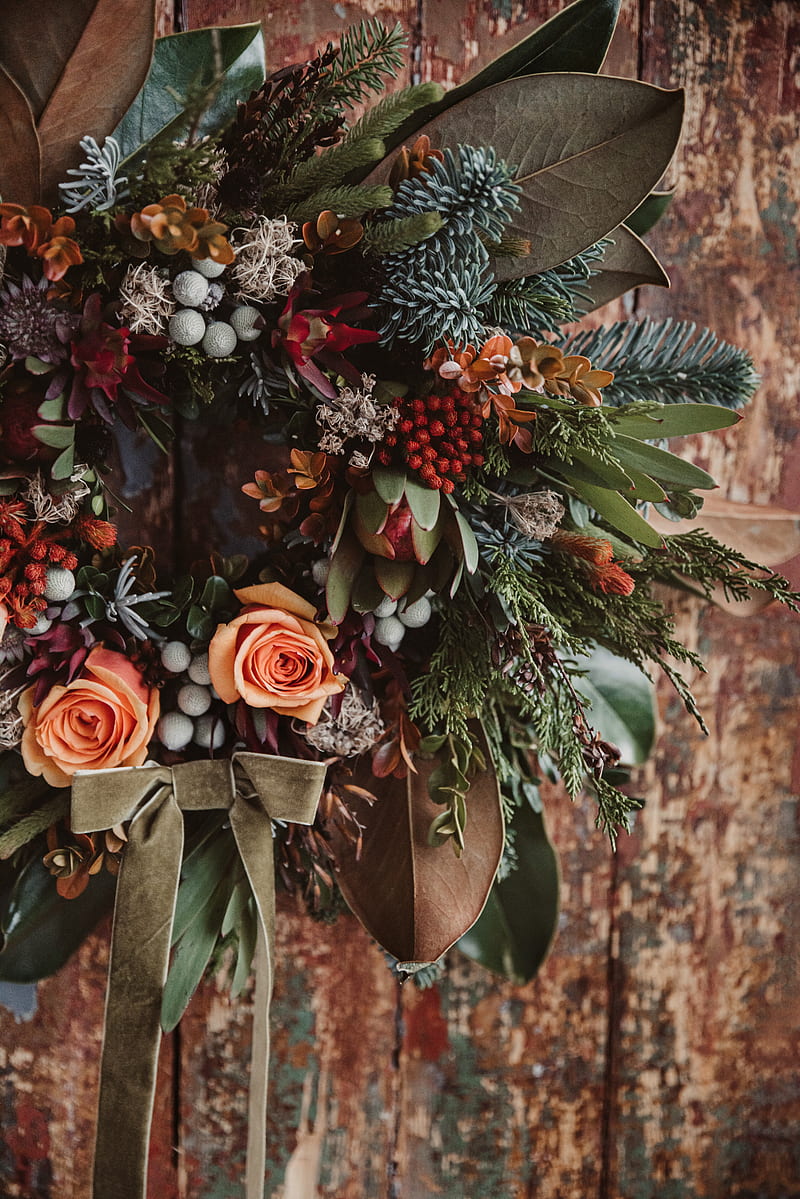 wreath, flowers, branches, berries, decoration, HD phone wallpaper