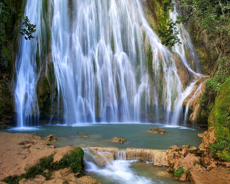 El Limon Dominican Republic, Samania, stream, rock, grass, trees, waterfalls, water, green, nature, river, samania, white, falls, HD wallpaper