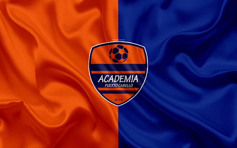 Academia Puerto Cabello FC Venezuelan football club, logo, silk texture, orange-blue flag, Venezuelan Primera Division, football, Puerto Cabello, Carabobo, Venezuela, HD wallpaper