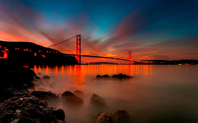 BRIDGE at SUNSET, USA, sunset, lights, stones, city, Golden Gate Bridge, California, Strait, evening, San Francisco, HD wallpaper